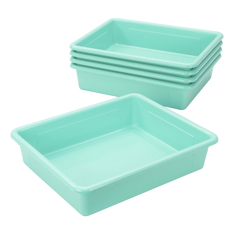Storex Letter Size Flat Storage Tray - Organizer Bin with Non-Snap Lid for Classroom, Office and Home, Teal, 5-Pack (62541U05C) - Image 5